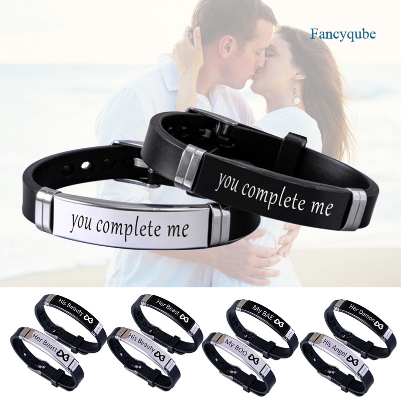 Fancyqube 2pcs / Set Gelang Bahan Silikon Stainless Steel Desain Mahkota Her King His Queen Untuk Pasangan