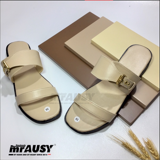 Sandal Wanita Teplek Flat Selop mrAUSY Strap 2 Gesper 1 sabuk