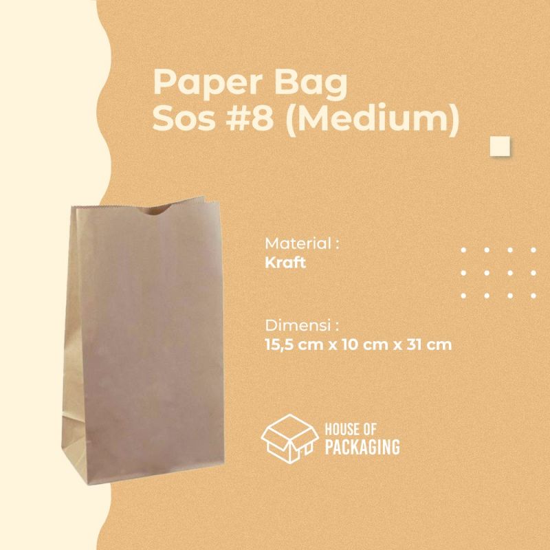 

PAPER BAG SOS #8 MEDIUM UK 15,5x10x30cm @50pcs -Kertas Kantong Kraft Roti