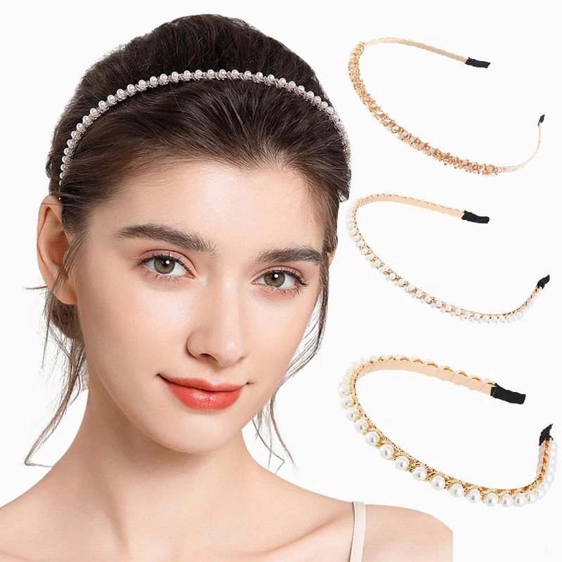 Korean Ins Pearl Rhinestone Chain Headband Fashion Temperament Hairband Women Elegant Hair Accessories