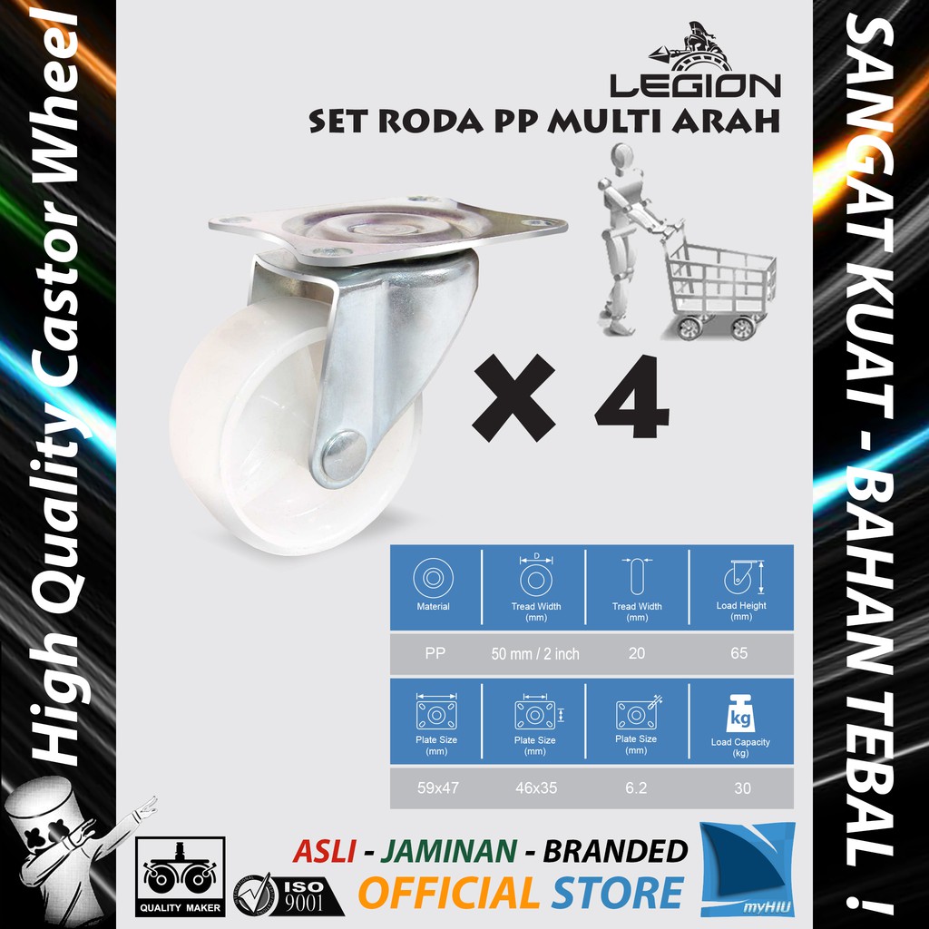 Set Roda Lori 4 pcs 2&quot; inch / 50 mm Roda PP Besi Caster Troli - Mini Trolley Castor Set 4H LEGION
