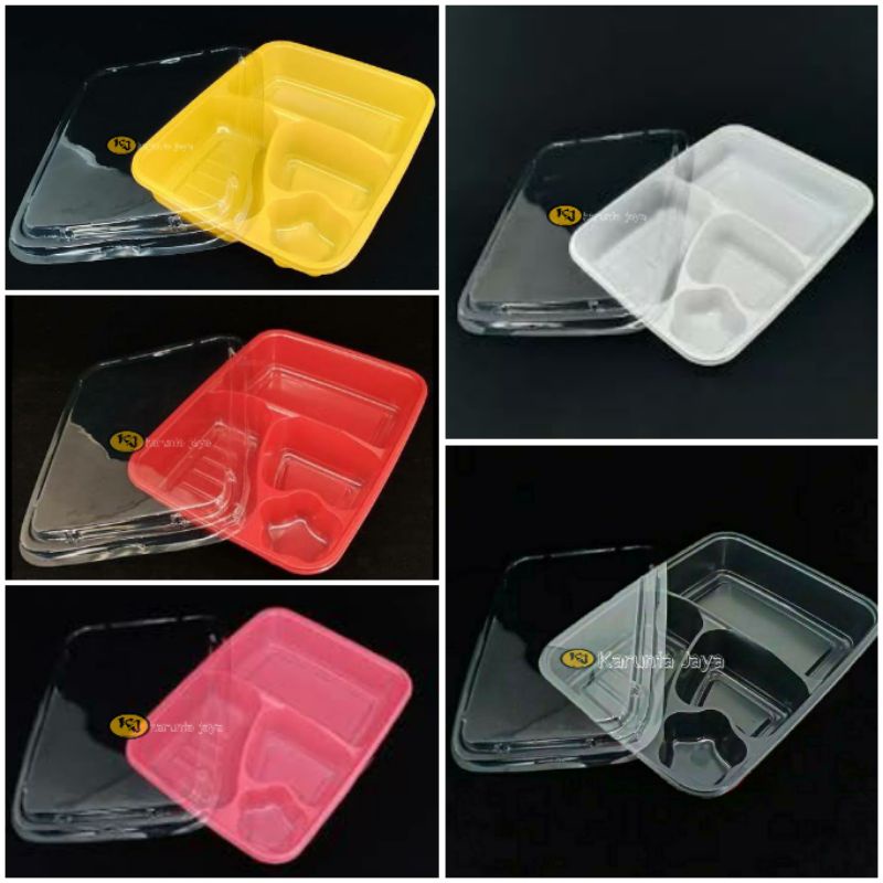 Tray Bento / Mika Bento Warna Sekat 4 (Hitam, Putih, Kuning, Merah & Pink)