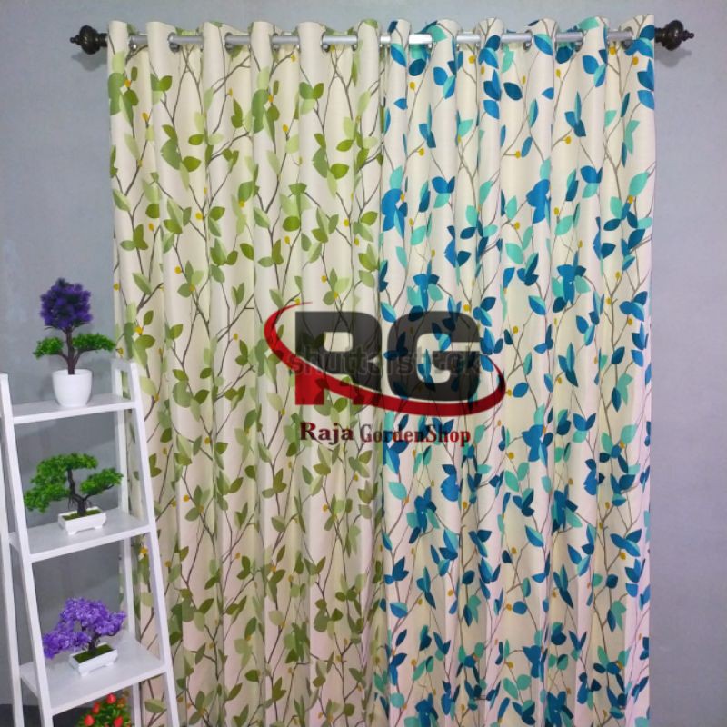 Gorden blackout motif tangkai bunga warna hijau biru
