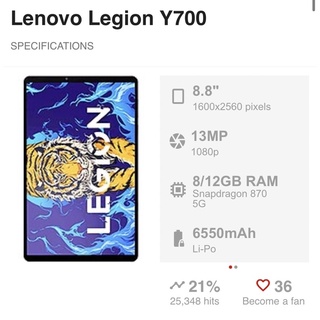 Lenovo Legion Y700 12GB 256GB Snapdragon870 Wifi Only New Inter
