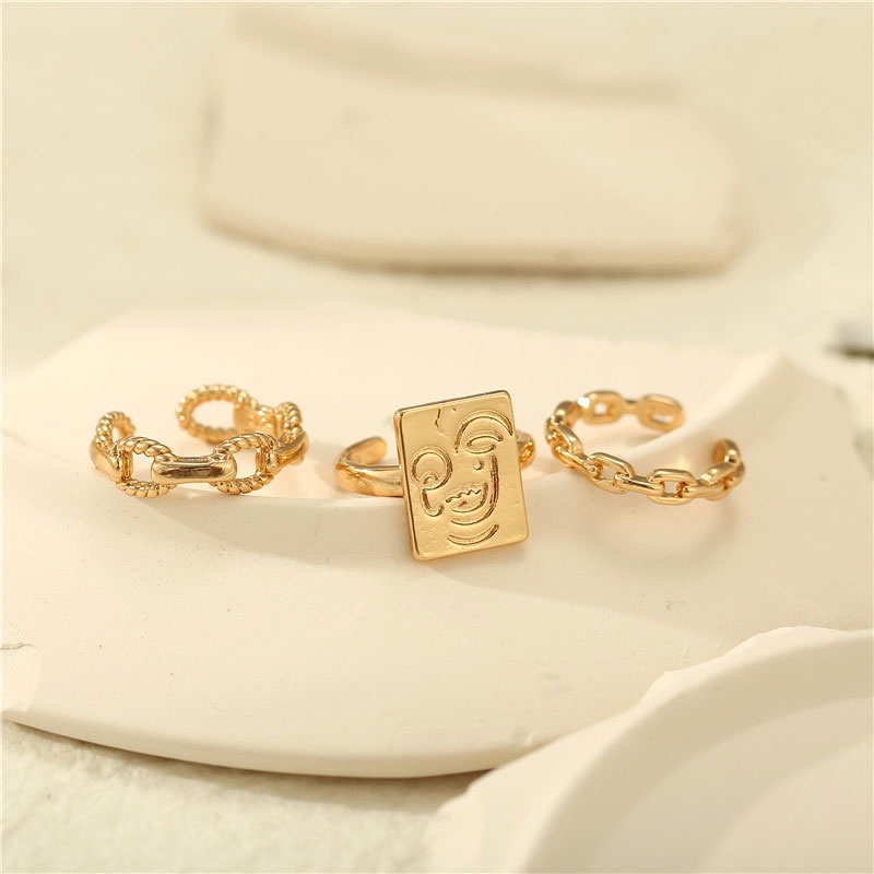 3pcs / Set Cincin Rantai Emas Model Terbuka Dapat Disesuaikan Untuk Aksesoris