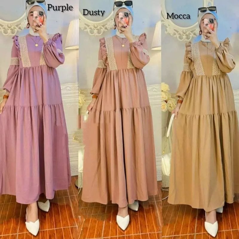 Fashion Wanita Gamis Crinkle Olivia Dress Baju Gamis Remaja Aplikasi Renda Lengan Balon Baju Wanita Kekinian