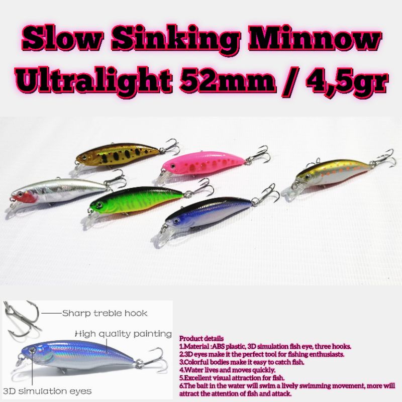 Slow Sinking Minnow Ultralight 52mm 4,5gr Umpan Casting Ultralight