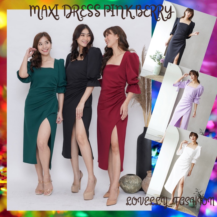 MAXI DRESS PINK BERRY Square Neck Lengan Balon Motif Belahan Bahan Prime Scuba Wanita Murah Kekinian