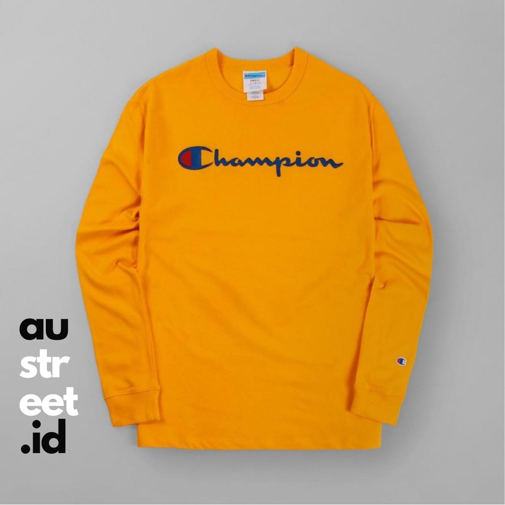 Kaos Champion Bordir Lengan Panjang Warna Kuning