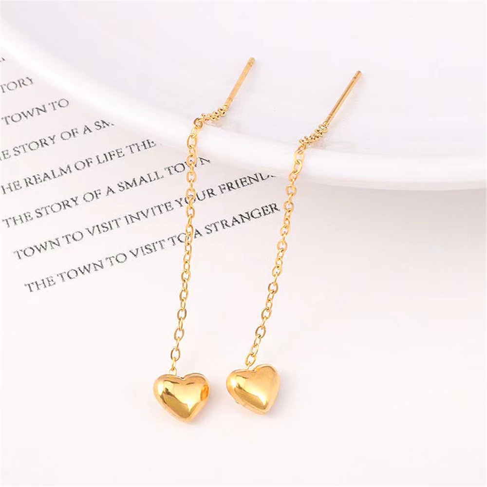 【COD Tangding】Solid Heart Line Tassel Heart Gold Heart-shaped Long Ear Line INS Face Thin Ear Chain Fashion Accessories Jewelry