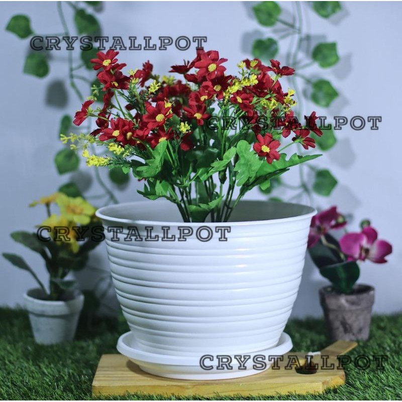 pot bunga tanaman motif tawon putih 24cm + tatakan putih - original