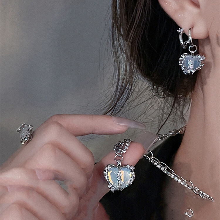 Set Anting Tusuk + Kalung Dua Lapis Liontin Hati Warna Biru Untuk Wanita
