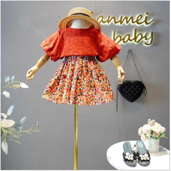 STELAN ANAK CEWEK IMPORT MOTIF ORENWHITE BUNGA &amp; ROK