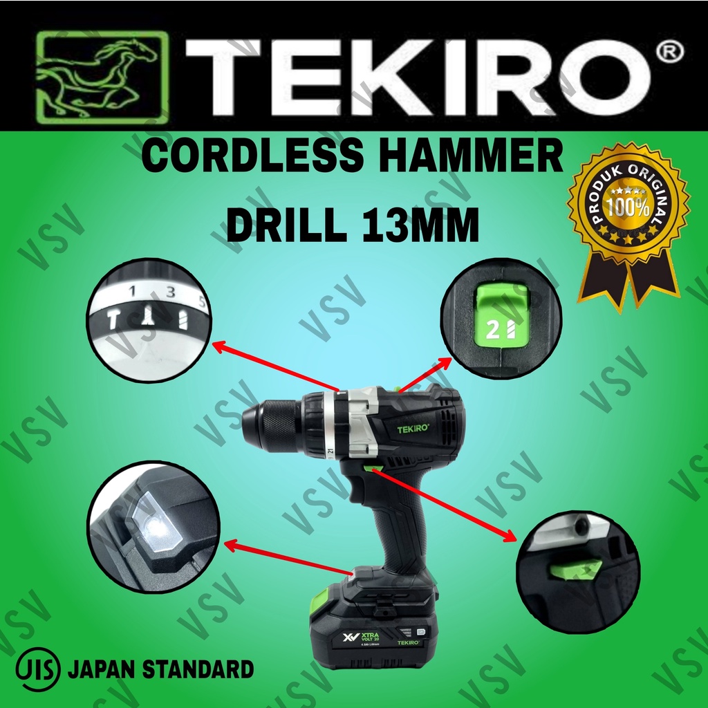 TEKIRO Cordless Hammer Drill 13mm Mesin Bor Baterai 20Volt impact Drill