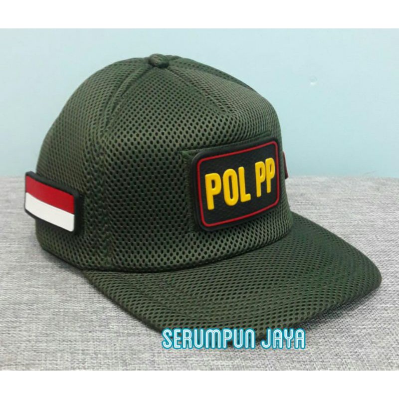 TOPI POL PP HIJAU ARMY - TOPI POL PP HIJAU ARMY 3PATCH JARING VELCRO - TOPI SATPOL PP JARING VELCRO