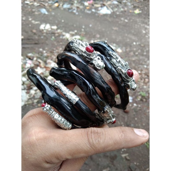 GELANG AKAR BAHAR HITAM LENTUR VARIASI ALPAKA NAGA PERAK