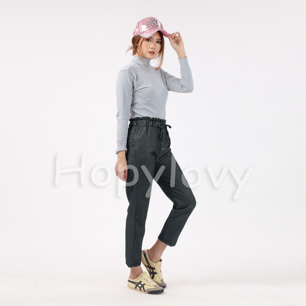 HOPYLOVY - Celana Panjang Wanita Katun Denim Full Pinggang Karet / Miya Pants