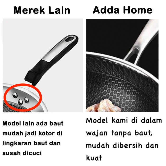 Adda Home - Premium Wajan Penggorengan Kuali Wok Pan Stainless 304 316 Anti Gores Anti Lengket Menjaga Kesehatan