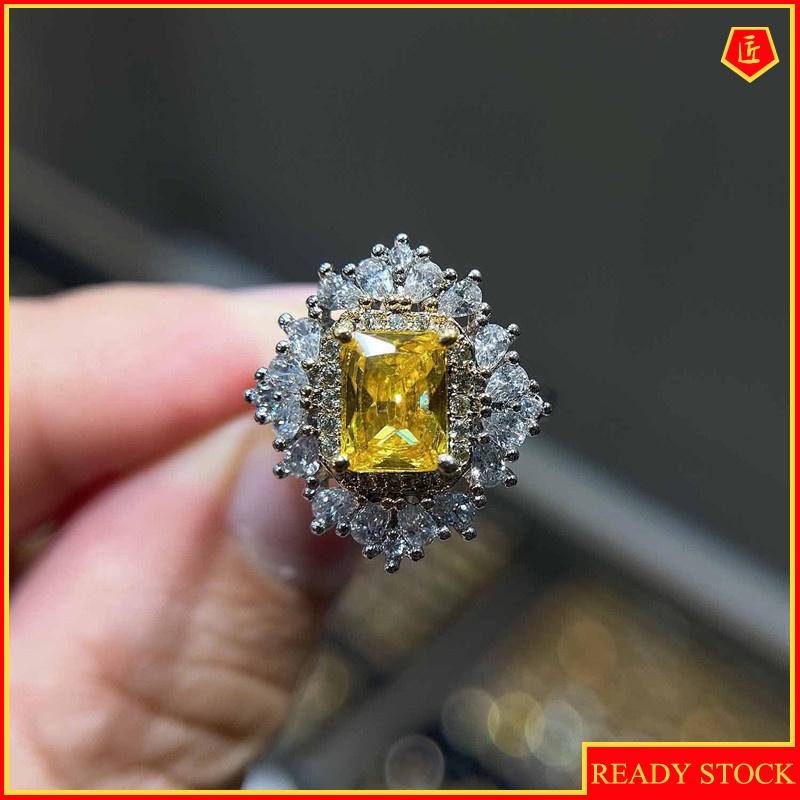 [Ready Stock]Women's Fashion Luxury Full Diamond Yellow Diamond Colored Gems Ring