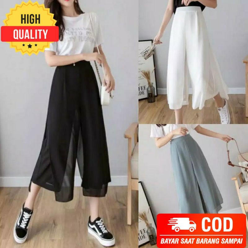 Celana Wanita Kekinian Kulot Bahan Chiffon Double Layer High Quality Ukuran XS-XL