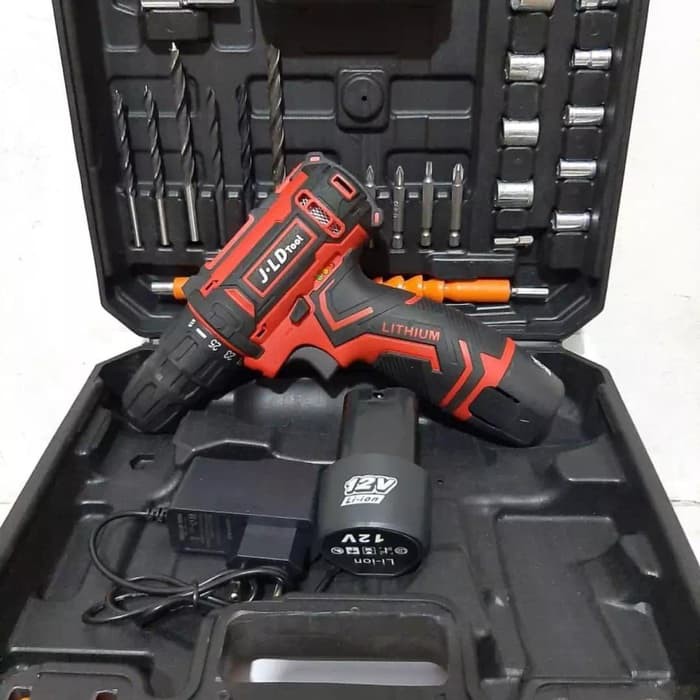 cordless drill 12v // bor baterai 12V JLD (MERAH) Bor Tembok Kayu Besi Bor Lepas Pasang Mur Baut Set
