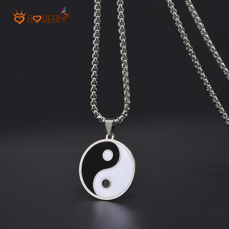 Kalung Rantai Liontin Yin Yang Bahan Stainless Steel Gaya Vintage Punk Untuk Pria Dan Wanita