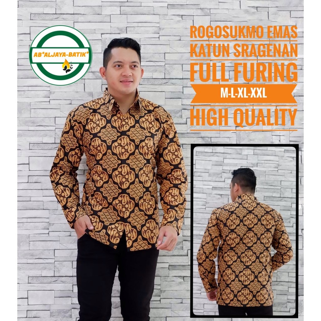 ROGOSUKMO EMAS Kemeja Batik Pria Lengan Panjang Katun Halus FULL FURING Batik Aljaya