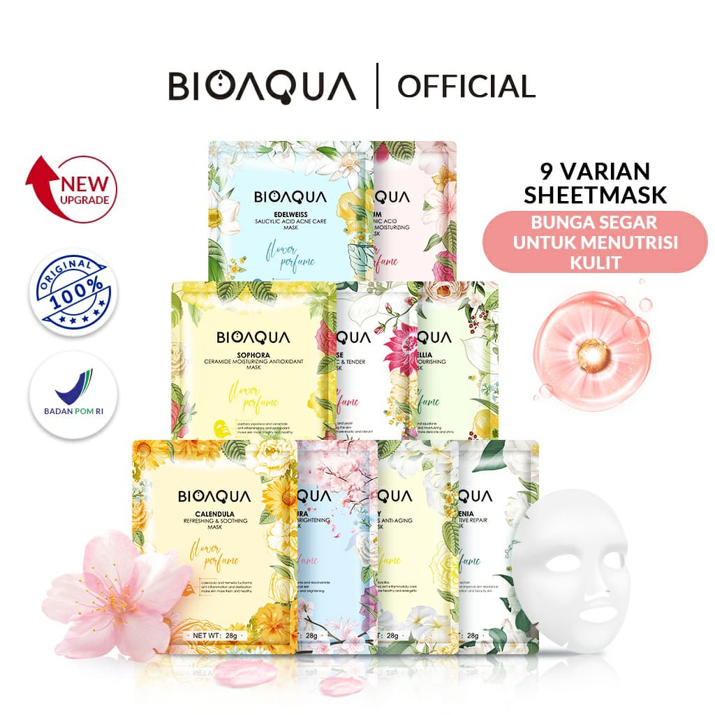 BIOAQUA Sheet Mask Masker Wajah Flowers Series (28g/pcs) Hydrating Essence Face Mask Brightening dan Anti Acne / BS