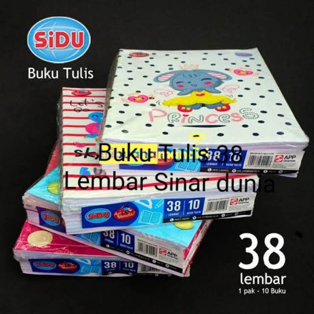 

Buku Tulis Sinar Dunia 38 Lembar (sidu)per pak isi 10 Buku/ 78 Lembar isi 5 Buku/ 32Lembar isi 10 buku