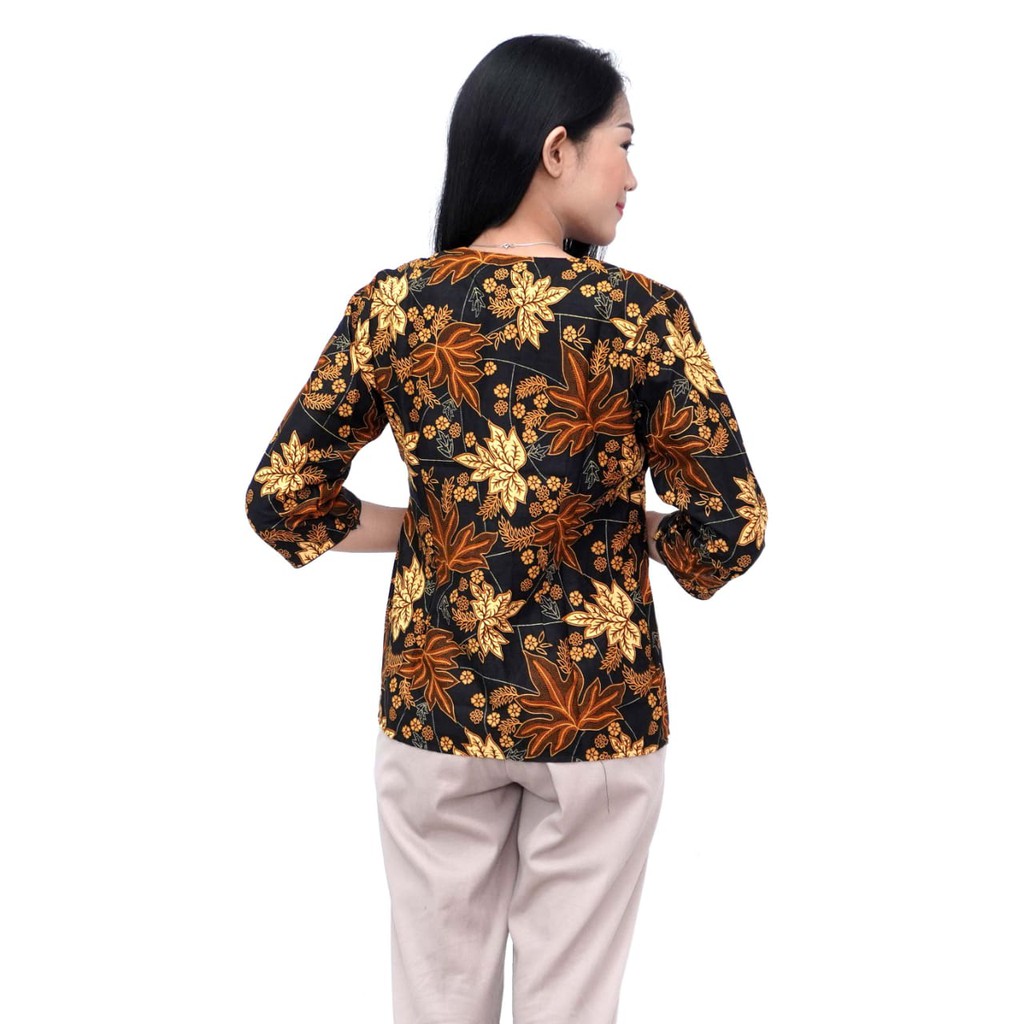 Atasan Batik Wanita Blouse Motif Daun Kombinasi Katun Hitam Batik Dua Putri Colection Size S s/d 5L