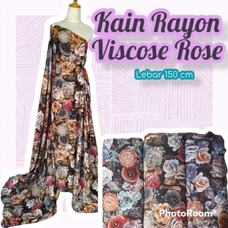 Bahan Kain Rayon Viscose motif Bunga Rose / kain rayon kembang mawar halus lembut murah meteran