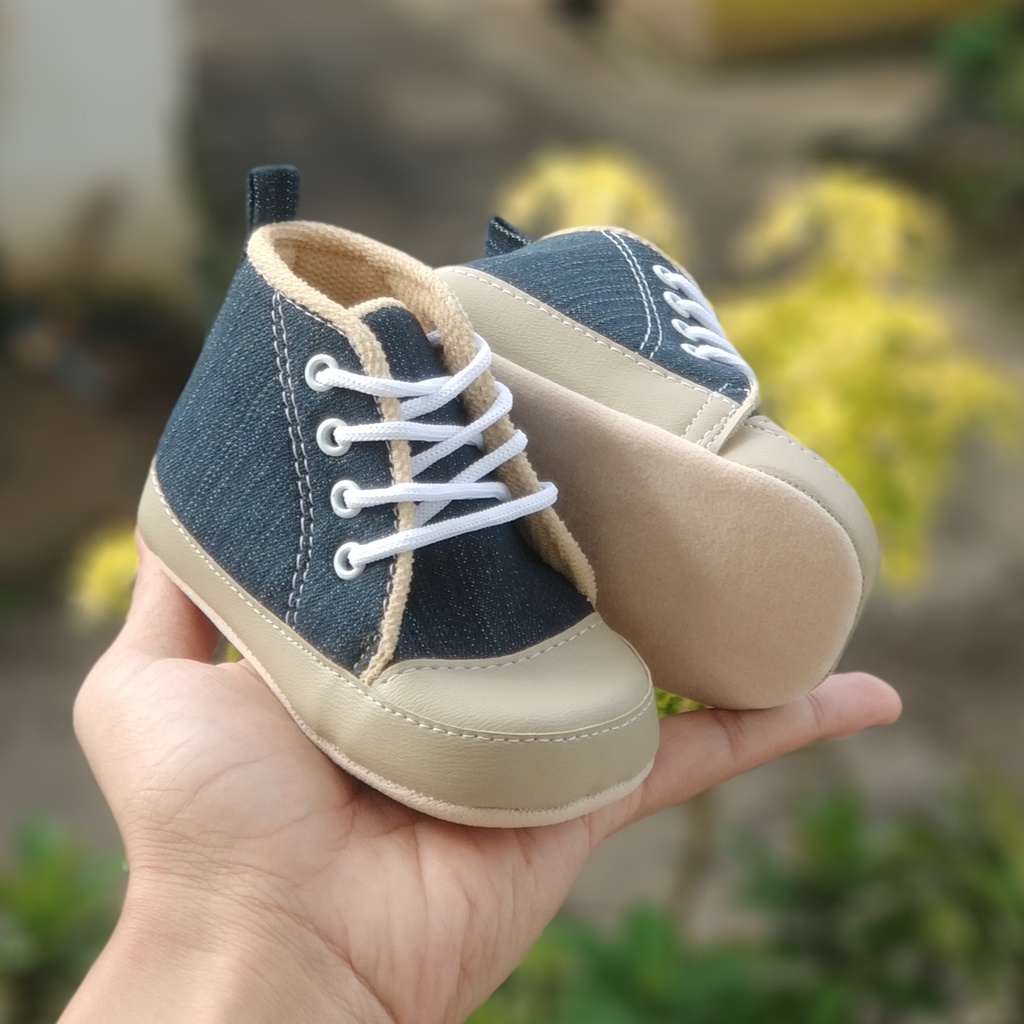Sepatu Anak Bayi Prewalker Laki Laki Cowok  Jeans Cream Usia 1 -14 Bulan