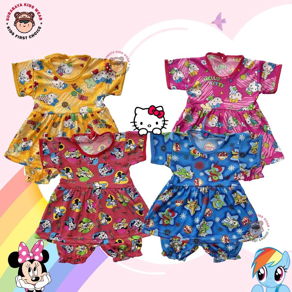 Setelan Dress Anak Perempuan Lengan Pendek Motif Kartun Warna