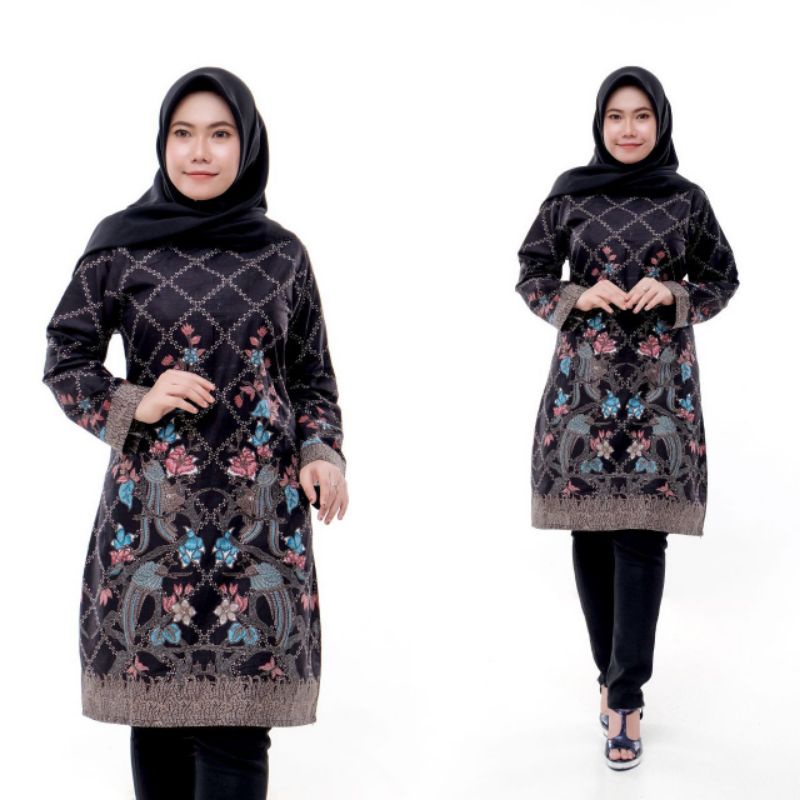 Tunik Batik Wanita Modern Terbaru JUMBO M L XL XXL Atasan Batik Wanita Seragam Murah Riskymabatik-Tunik jaring