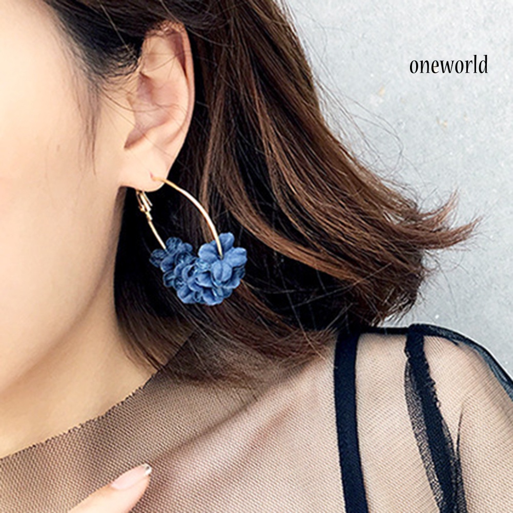 OW@ Women Fashion Metal Plated Dried Flower Round Hoop Earrings Party Jewelry Gift