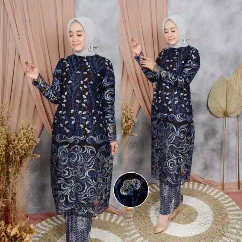 SETELAN KEBAYA TILLE BORDIR HITAM/KEBAYA TUNIK TULLE IMPORT/KEBAYA KEKINIAN