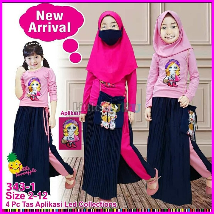LITTLE PINEAPPLE BAJU MUSLIM ANAK LOL LED PINK CELANA ROK PLISKET