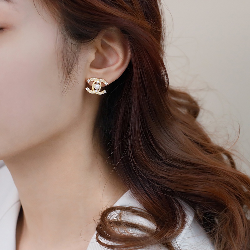 Anting Huruf C Ganda Mutiara Kecil Untuk Wanita Aksesoris Telinga fashion Korea