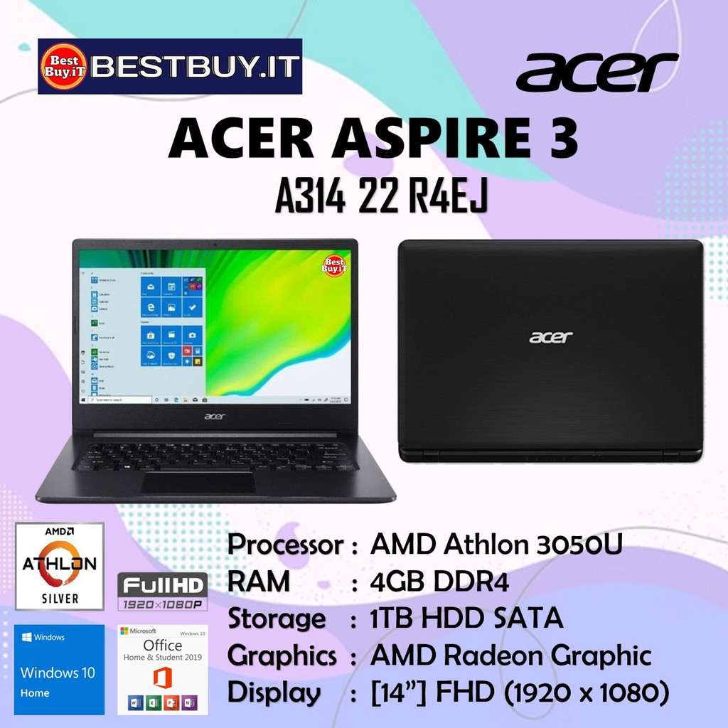 Acer Aspire 3 Slim A314 22 R4EJ 3050U 4GB 1TB AMD RADEON 14" FHD W10 OHS
