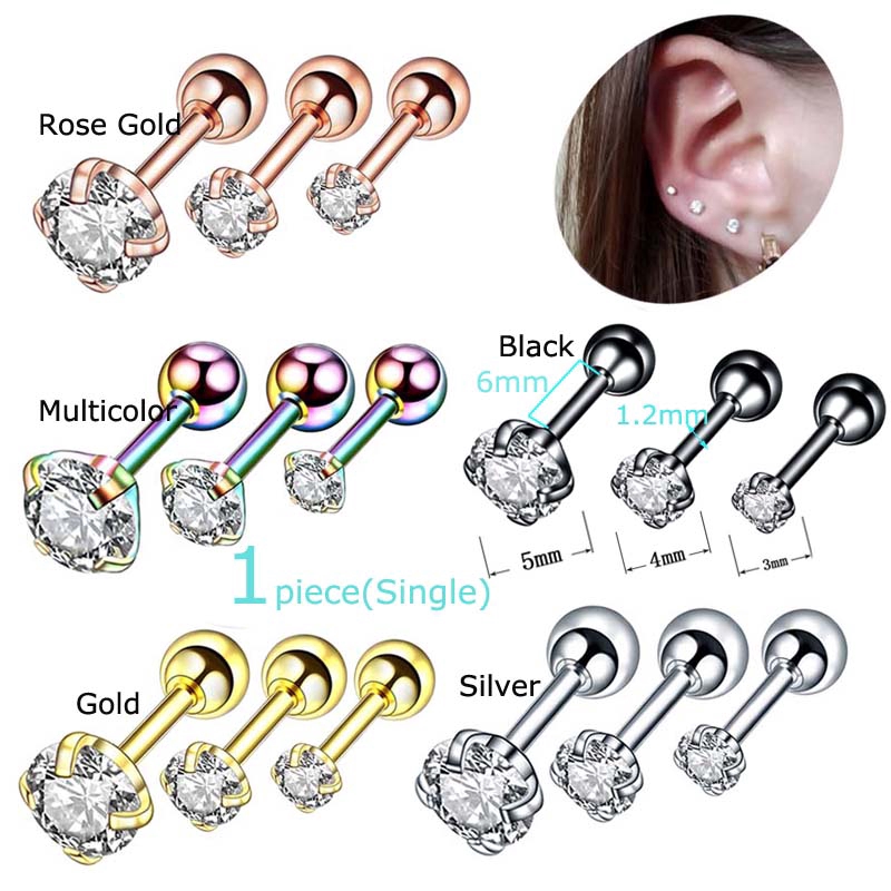 1piece 4-claw stainless steel 16G Barbell Zircon Ear Cartilage Tragus Helix Stud Earrings 6mm