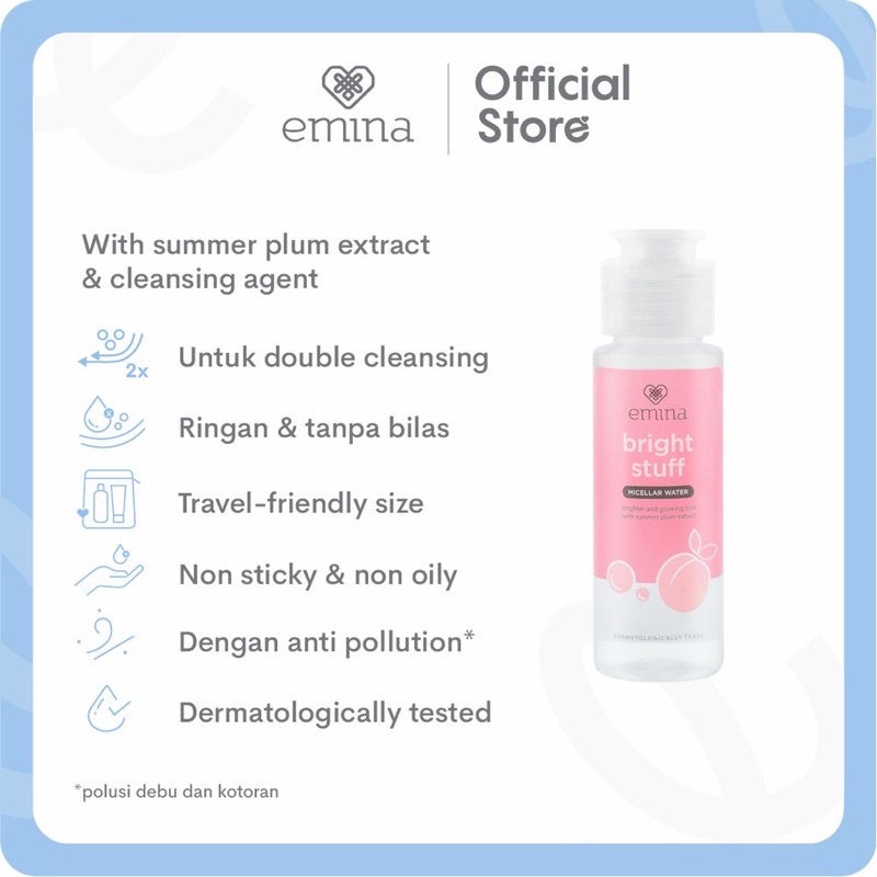 EMINA Bright Stuff Series Indonesia / Facial Wash Face Scrub Micellar Water Essence Toner Mist Serum Day Night Eye Cream Sunscreen Sheet Clay Mask Masker Moisturizing Lip Tint Matte Gloss / Ms Pimple Acne Solution Sun Protection Battle Spf Gel Paket Glow