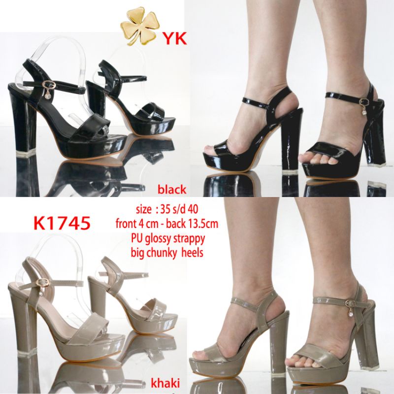 YKshoes 1745 heels 13cm big chunky kotak square black khaki heels strappy sepatu hak tali wanita sep