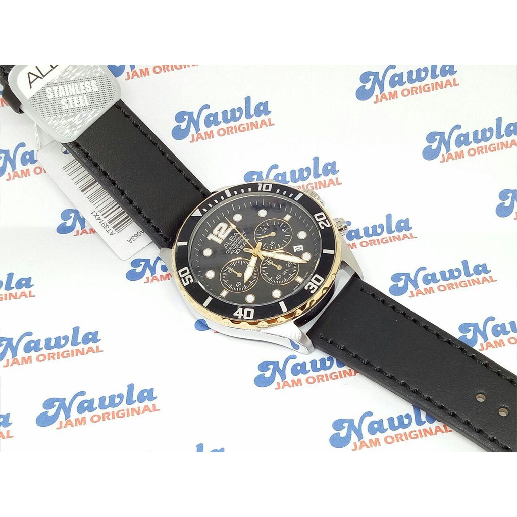 Alba AT3914X1 Chronograph Black Leather Strap - Jam Tangan Pria AT3914