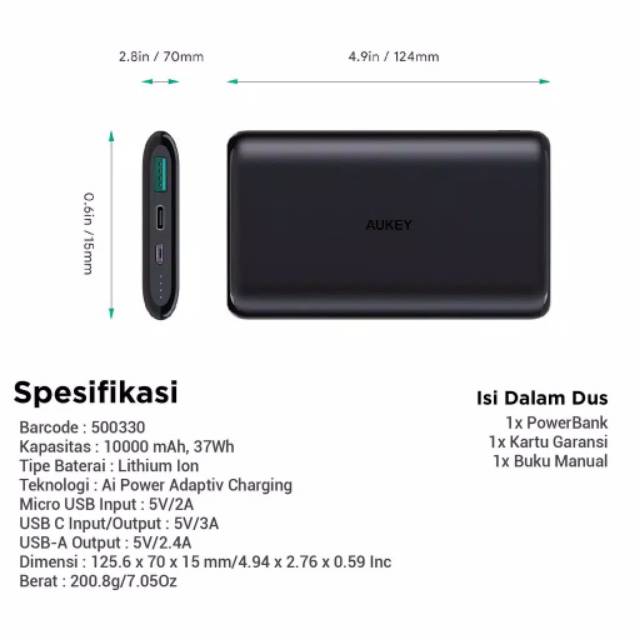 Aukey Powerbank 10000 mAh USB C AiQ Original