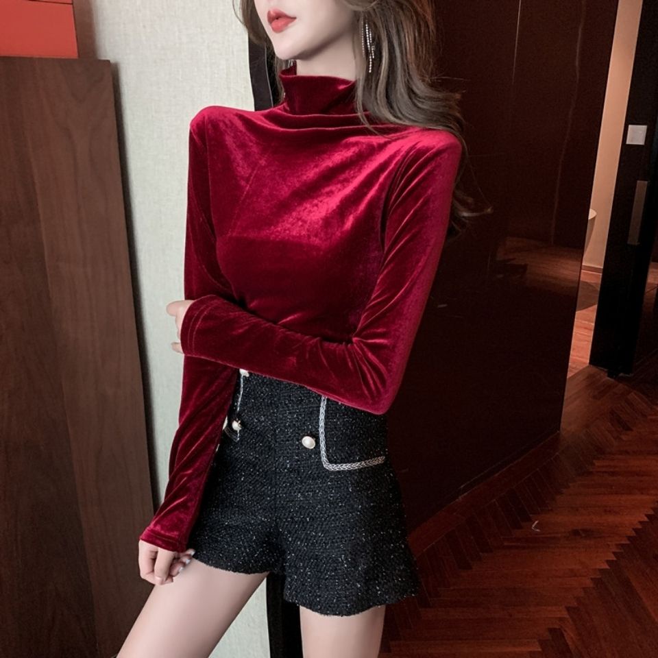 Red Musim Dingin 2021 Baru Fashion Warna Solid Turtleneck Beludru Lengan Panjang Atasan All-Match Bottoming Kemeja Wanita Trim T-shirt Tren