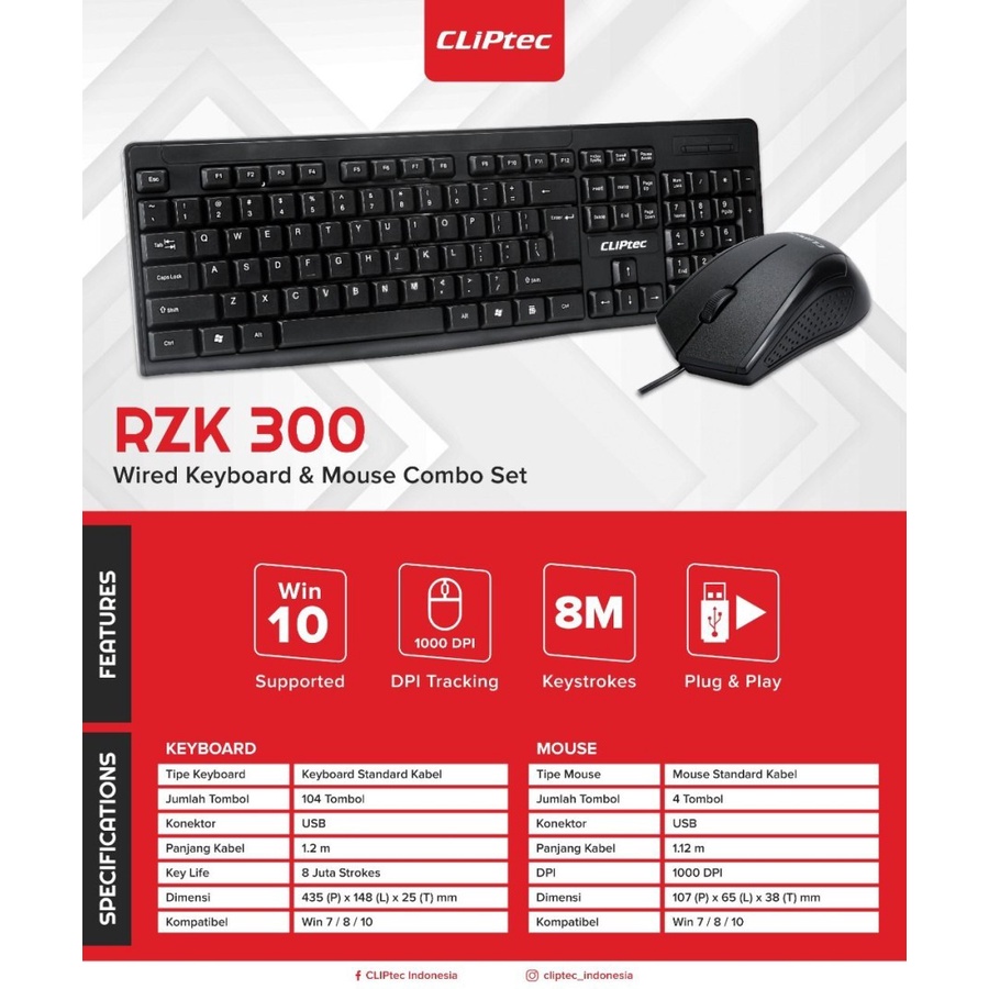 CLIPTEC RZK300 Keyboard Mouse Wired Combo For Office Garansi Resmi 2 Tahun