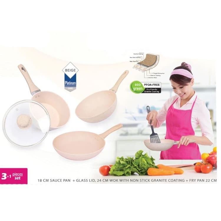 Bolde Super Pan Granite 3+1 Pcs Set Alat Masak Set Anti Lengket Gores Beige Panci Keramik Granit