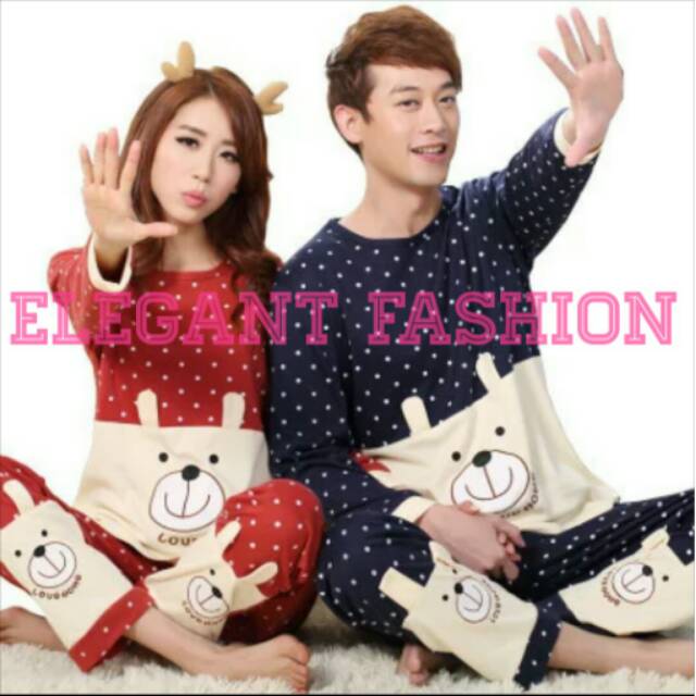 Baju Tidur Piyama Kaos Setelan Panjang Couple Pasangan Lucu Import Aplikasi Bear Lucu