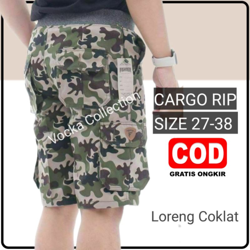 Celana Pendek Rip Cargo Pinggang Karet Melar Loreng Vocka