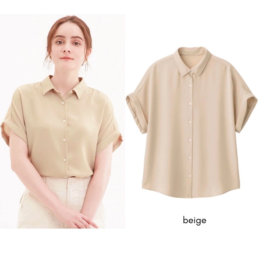 GU Uniqlo Airy Blouse - Shortsleeve Blouse Wanita Casual Original-Beige